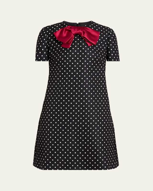 Satin Bow Polka Dot Shift Mini Dress